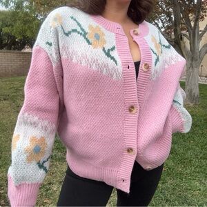 Cozy Pink Cardigan Sweater with Winter Scene Design